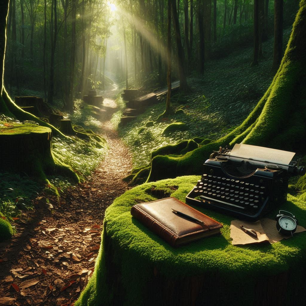 Una máquina de escribir en un tocón en medio de un bosque.