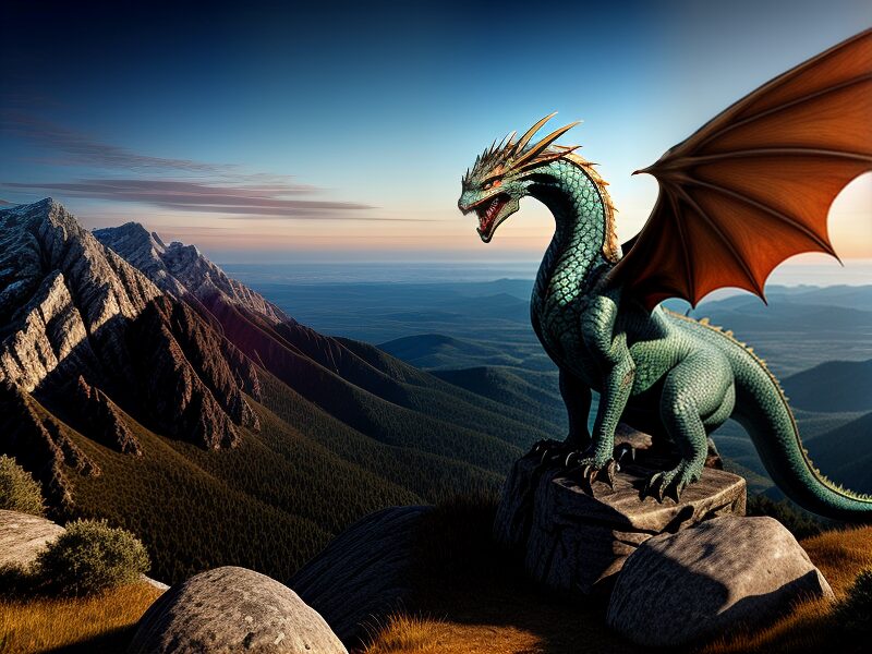 dragon en un cerro Dragón verde en un cerro rugiendo.